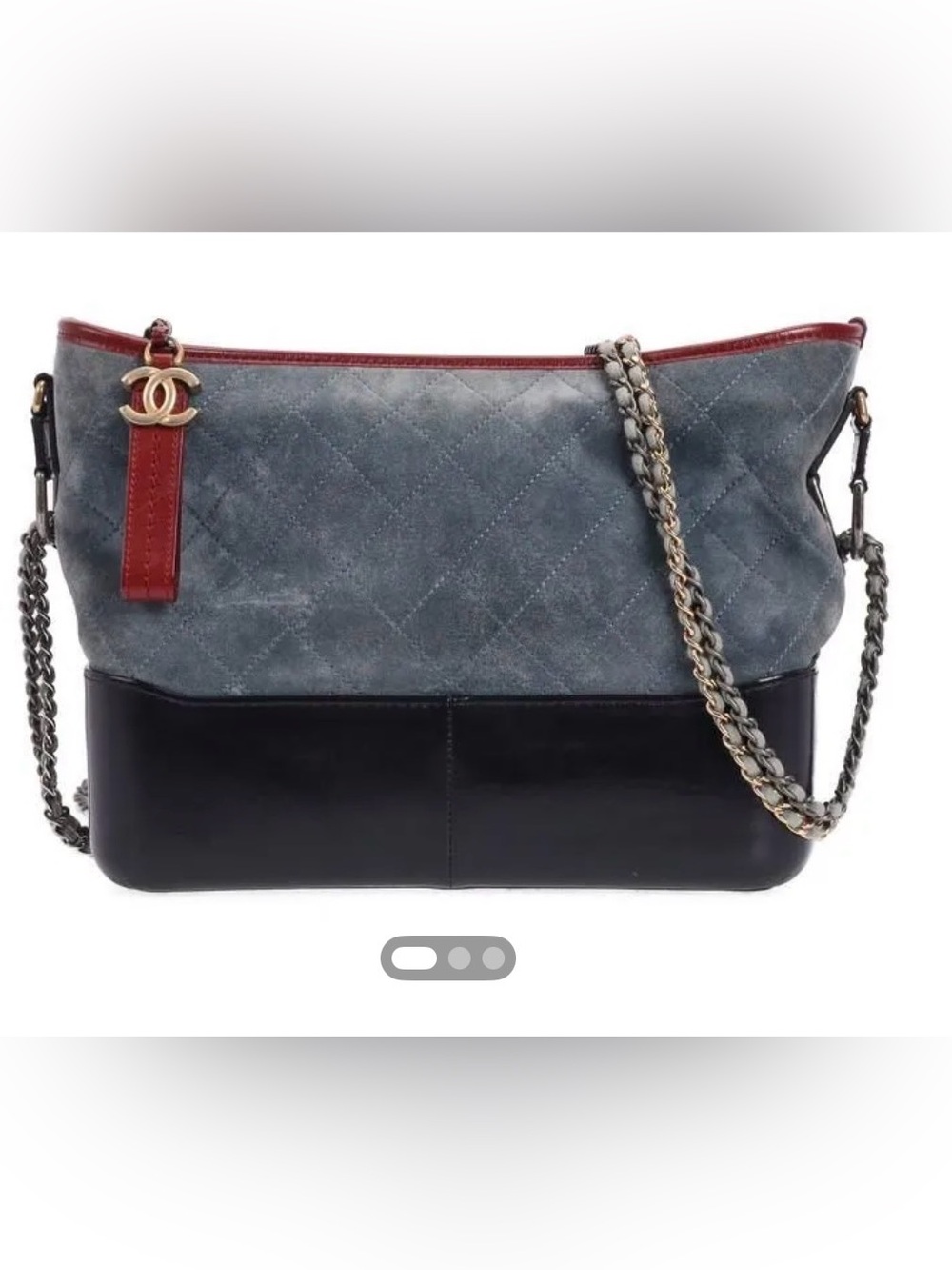 CHANEL Quilted Blue Suede & Black Leather Gabrielle Bag with Red Trim